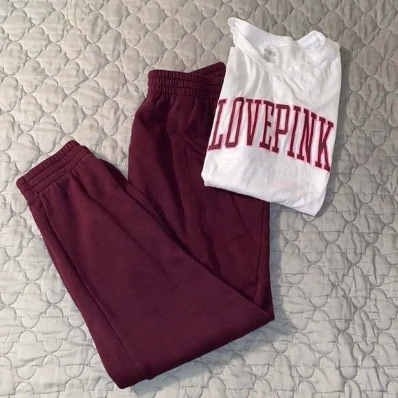 PINK Victoria's Secret Burgandy Sweatpants and Matching Logo Shirt - Picture 1 of 5